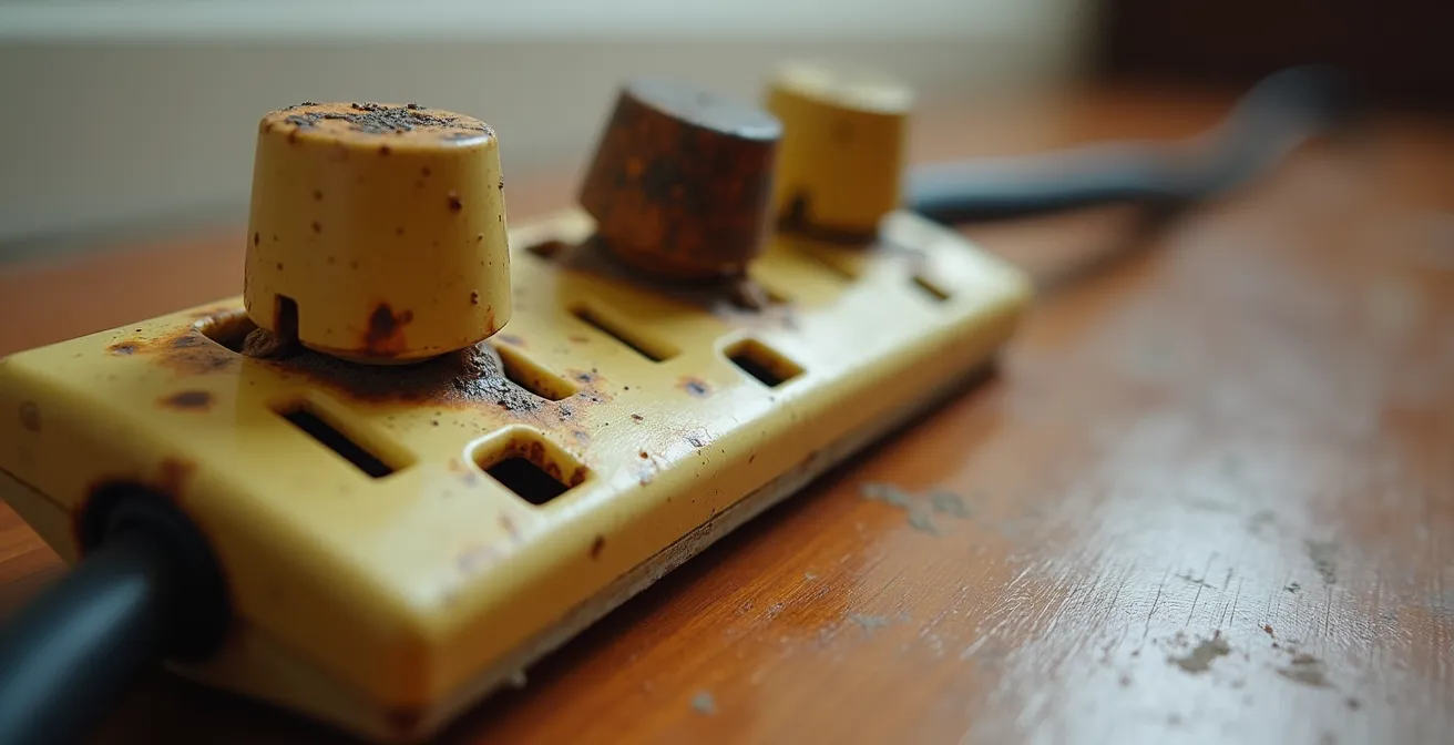 Gros plan sur une multiprise montrant des signes d'usure et de surchauffe