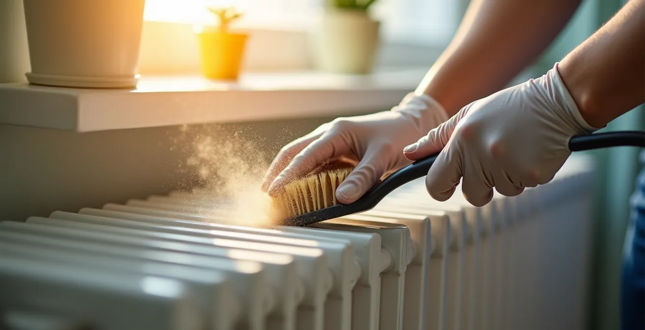 Main nettoyant un radiateur avec un goupillon spécialisé