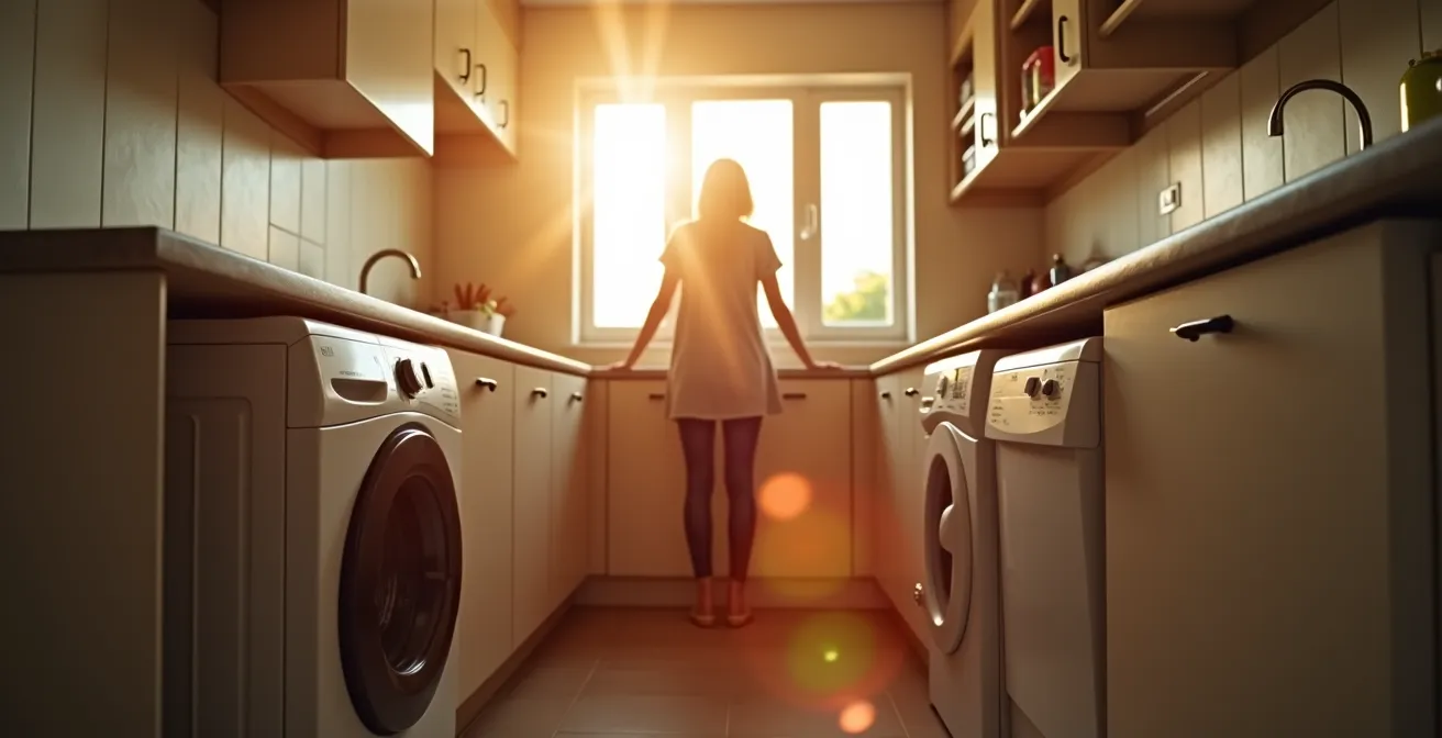 Intérieur de maison moderne avec électroménager et lumière naturelle suggérant l'utilisation optimale de l'énergie solaire