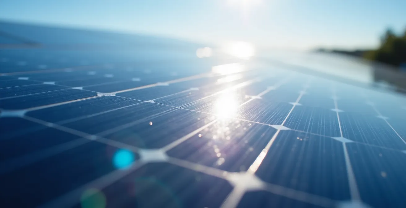 Vue macro de cellules photovoltaïques bleues avec des reflets lumineux du soleil