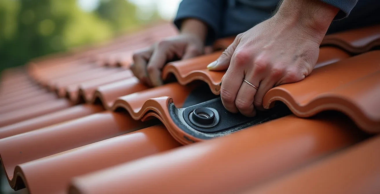 Tuile à douille spéciale pour passage de câbles solaires installée sur toiture française avec système d'étanchéité