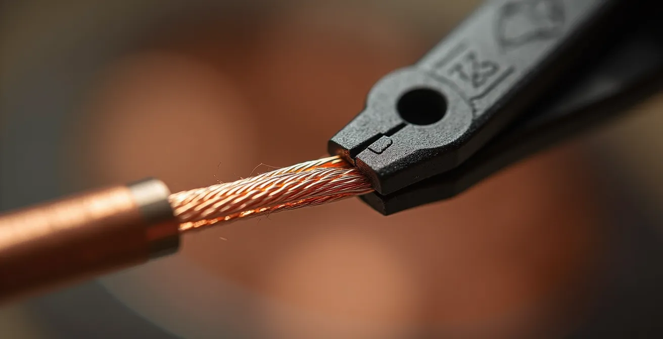 Gros plan sur l'action de dénudage d'un fil électrique avec une pince automatique montrant le cuivre intact.