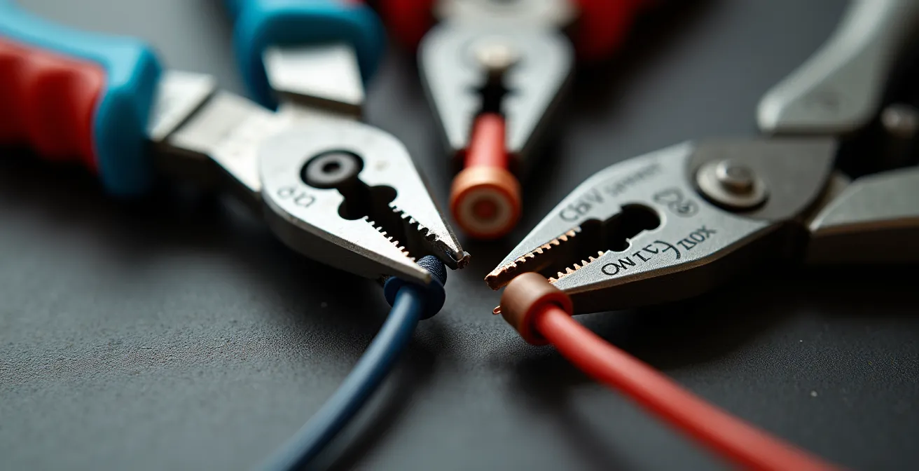 Trois pinces d'électricien professionnelles en action sur différents types de câbles électriques français
