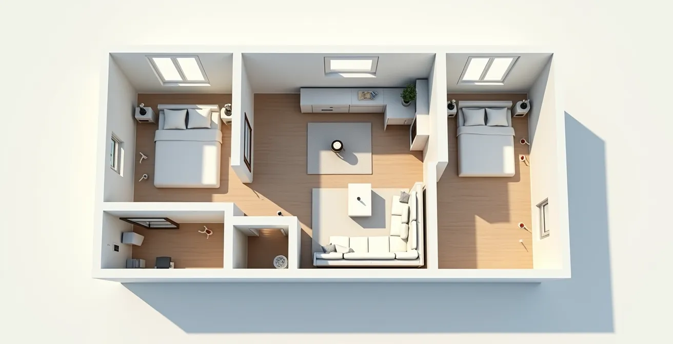 Plan architectural d'une maison française montrant la répartition des prises électriques selon la norme NF C 15-100