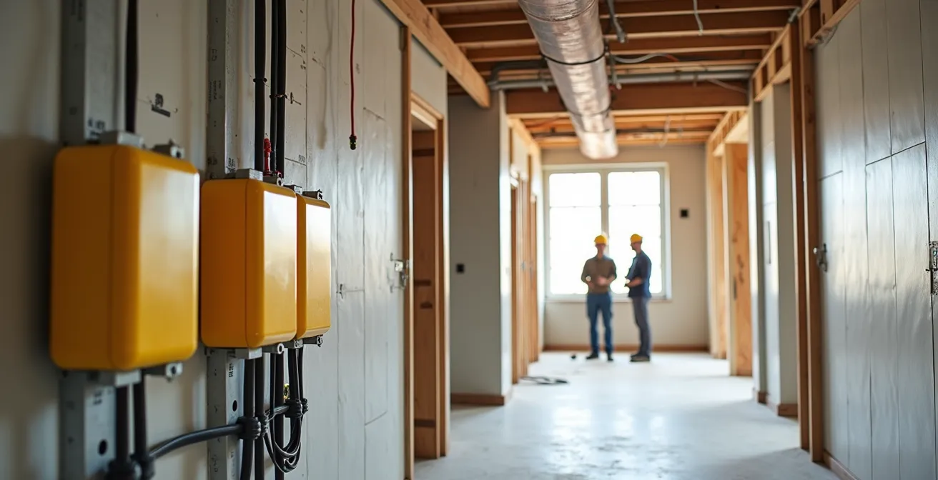 Vue d'ensemble d'un chantier montrant la coordination entre électricien et plaquiste avec gaines électriques et plaques de plâtre
