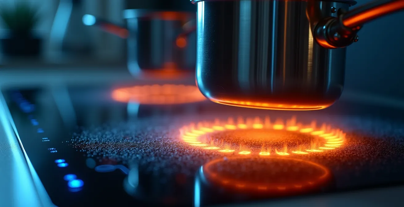 Plaque à induction moderne avec casserole en cuivre dans une cuisine française