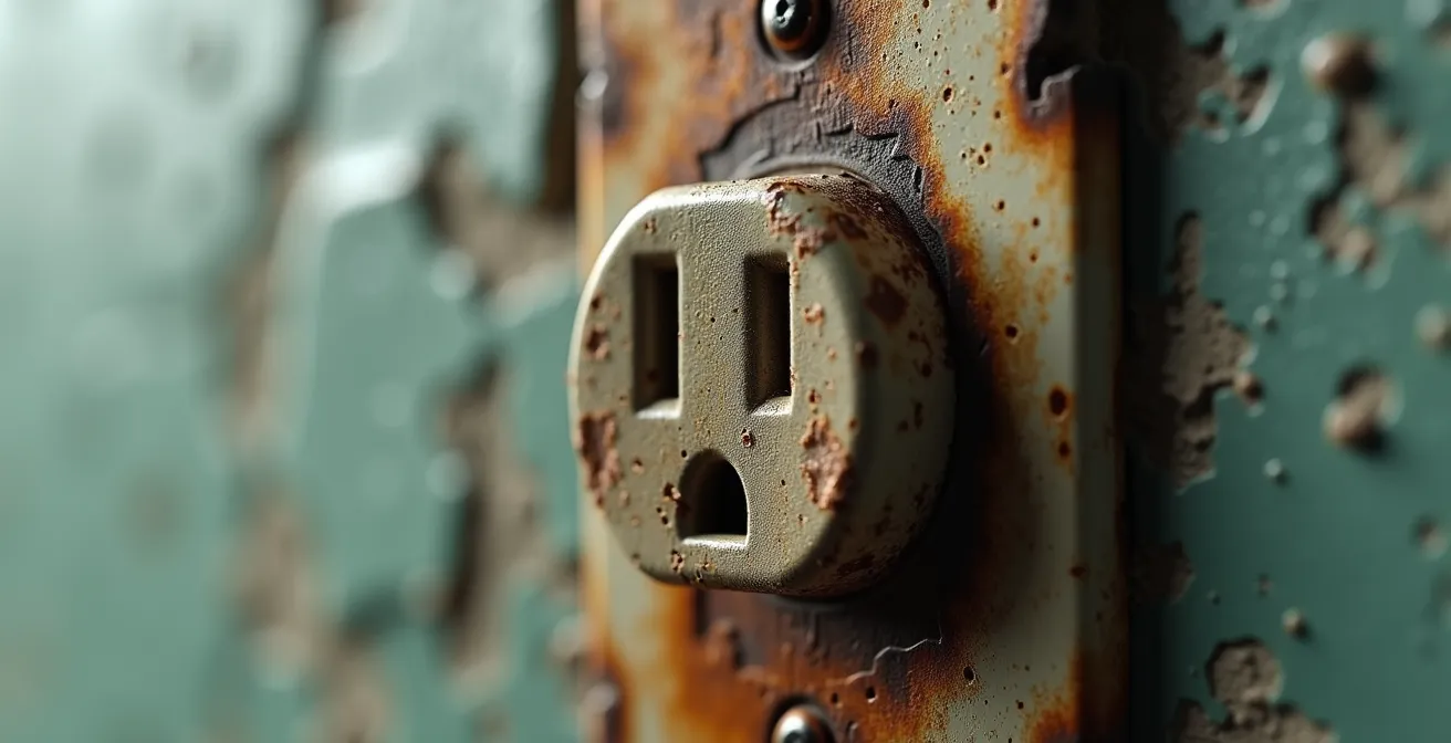 Gros plan sur une prise électrique montrant des signes d'usure et de danger