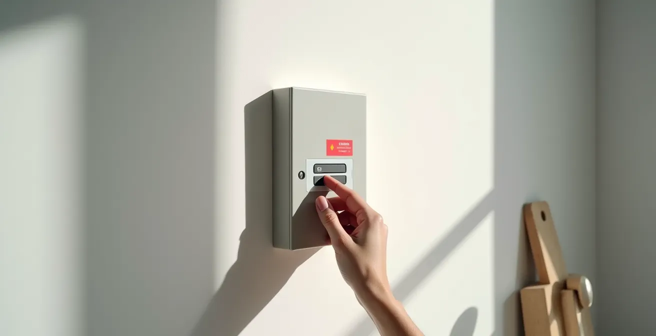 Main apposant un autocollant de sécurité rouge sur un disjoncteur dans un tableau électrique