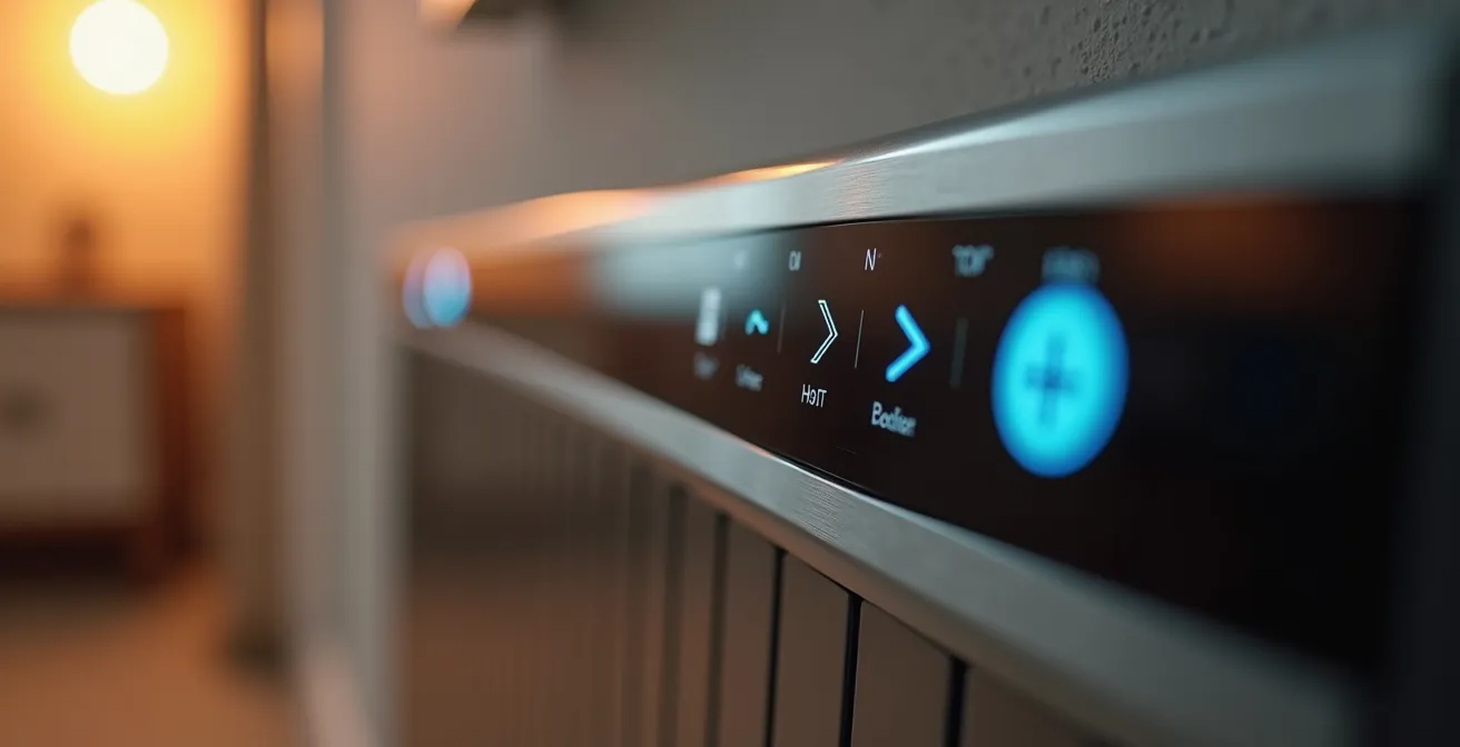 Salon français moderne avec radiateur connecté et ambiance de maison intelligente