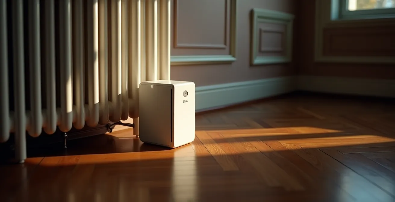 Radiateur électrique moderne équipé d'un module thermostatique connecté dans un intérieur français