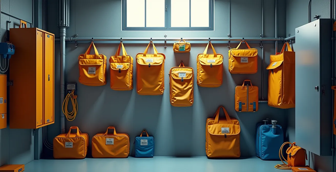 Rangement professionnel de gants isolants dans leur pochette de protection