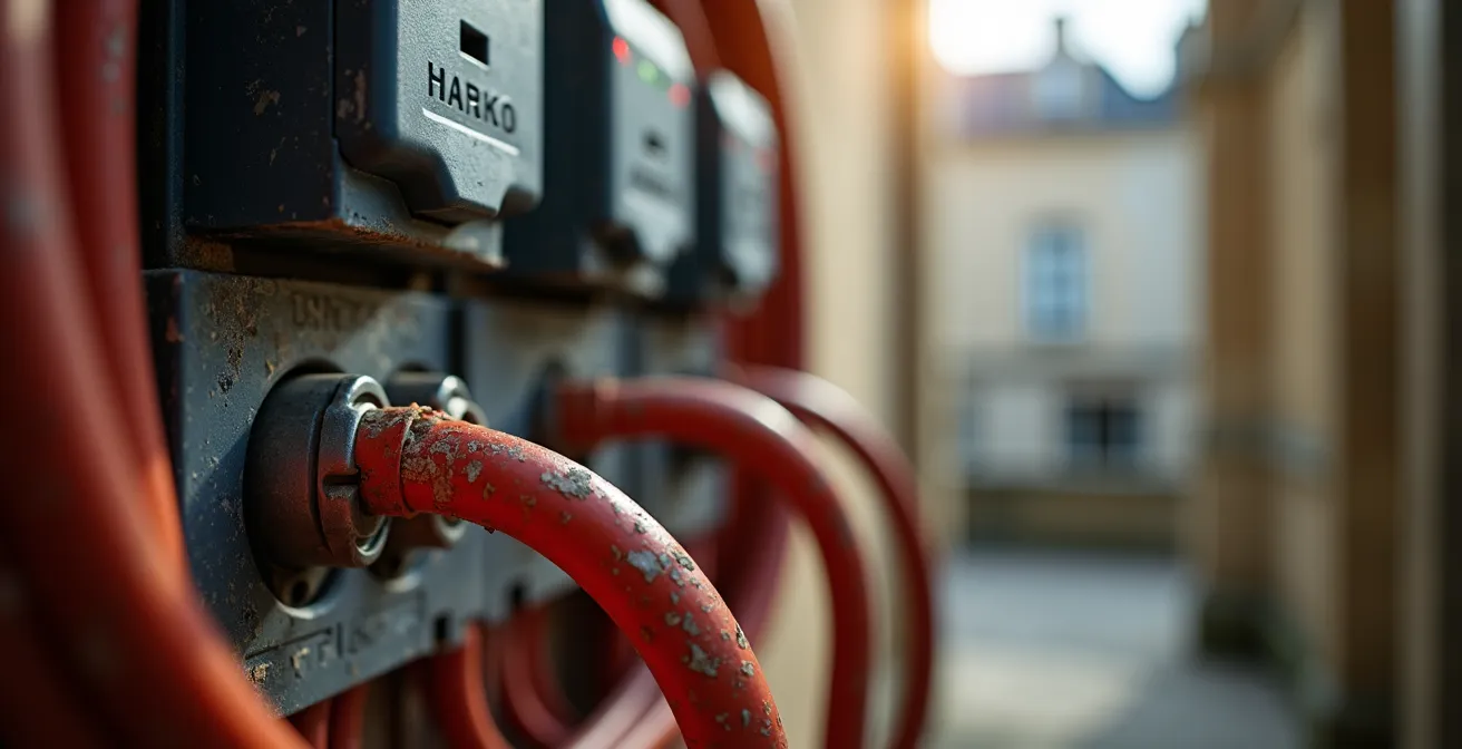 Vue en coupe d'une cage d'escalier d'immeuble montrant la rénovation d'une colonne électrique