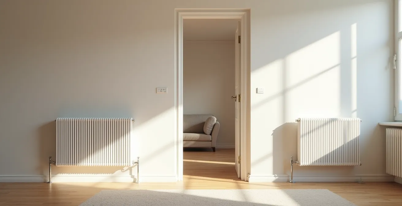 Vue large d'un salon moderne avec radiateurs à inertie et tableau électrique neuf, montrant l'amélioration énergétique