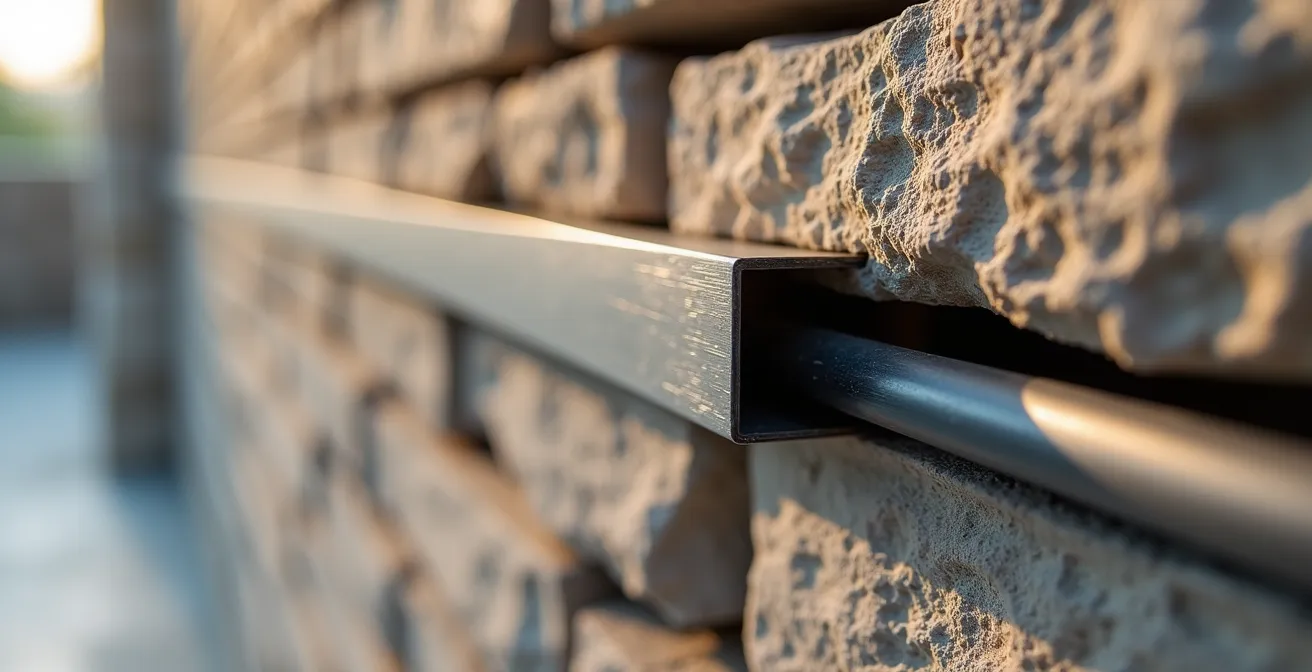 Installation électrique moderne dans un mur ancien en pierre avec goulottes décoratives