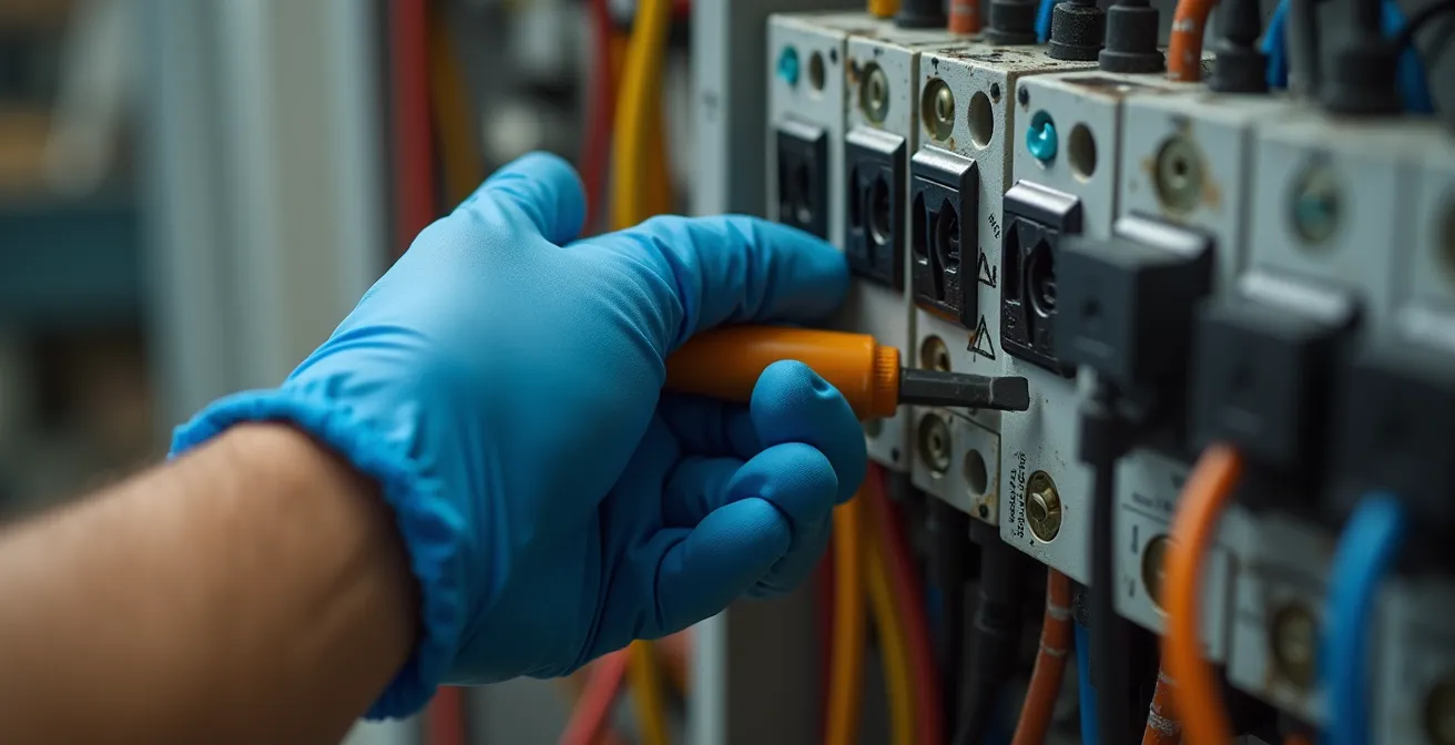Main d'électricien utilisant un tournevis dynamométrique sur les bornes d'un tableau électrique