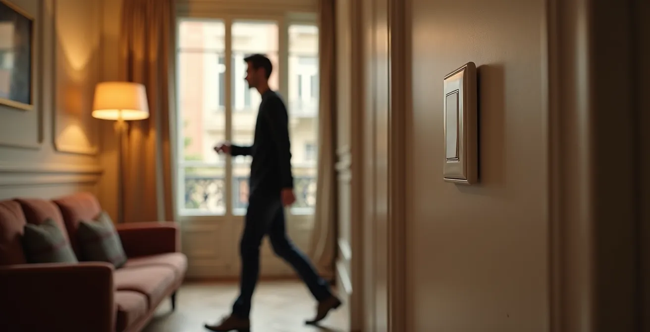 Salon moderne français avec interrupteur intelligent contrôlant l'éclairage ambiant