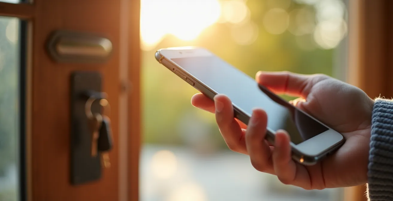 Main tenant un smartphone dans l'entrée d'une maison pour activer un scénario domotique de départ