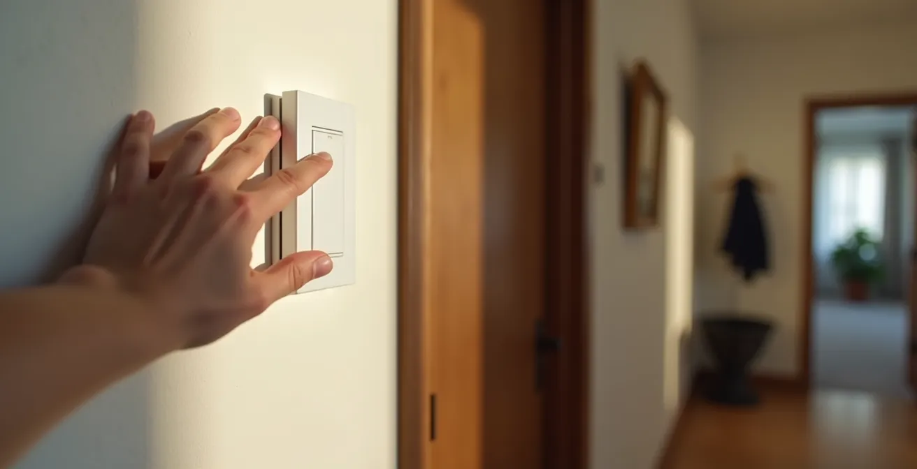 Main actionnant un interrupteur moderne près d'une porte d'entrée