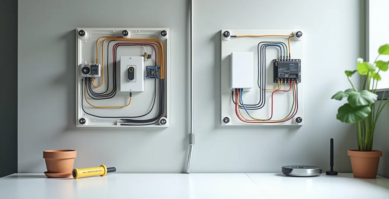 Schéma comparatif entre câblage va-et-vient traditionnel et solution connectée sans fil