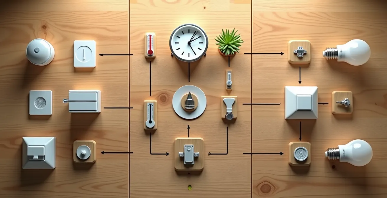 Schéma conceptuel illustrant le principe trigger-condition-action avec des objets connectés