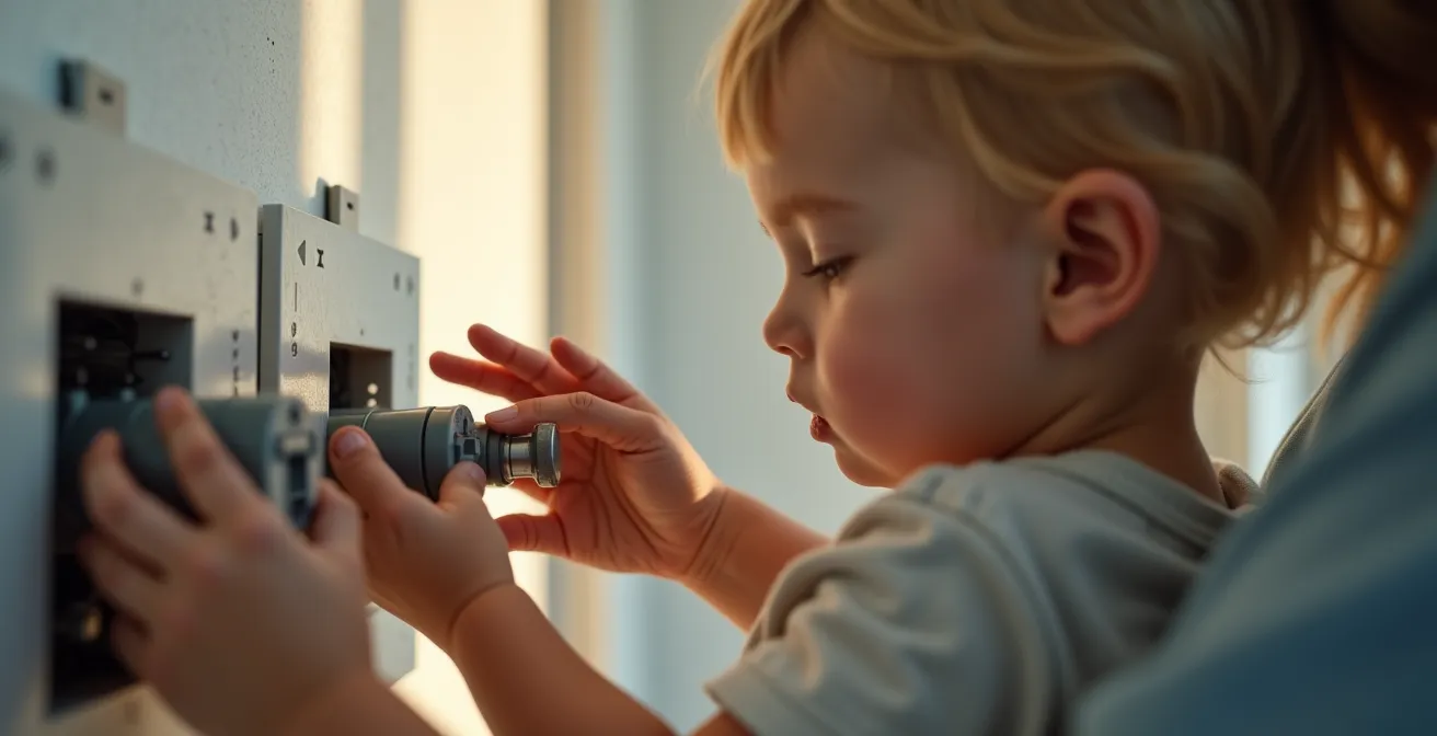 Parent installant des protections sur des boîtes de dérivation électriques
