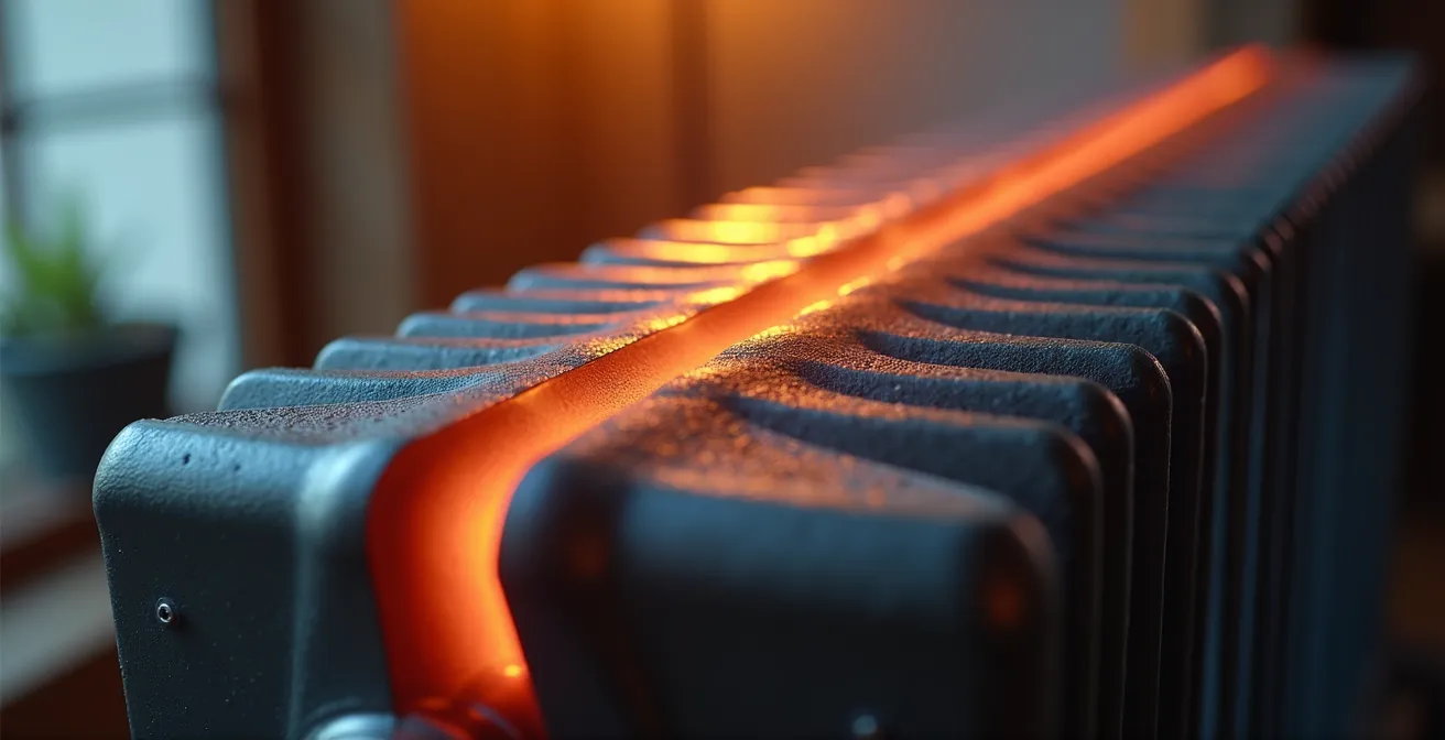 Coupe transversale d'un mur avec radiateur montrant l'inertie thermique et la diffusion de chaleur