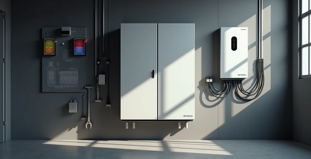 Système de batteries de stockage solaire installé dans un garage avec onduleur hybride et panneaux de contrôle