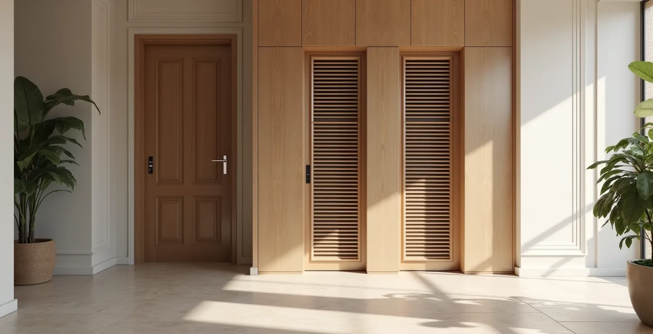 Tableau électrique dissimulé derrière des portes persiennes dans une entrée