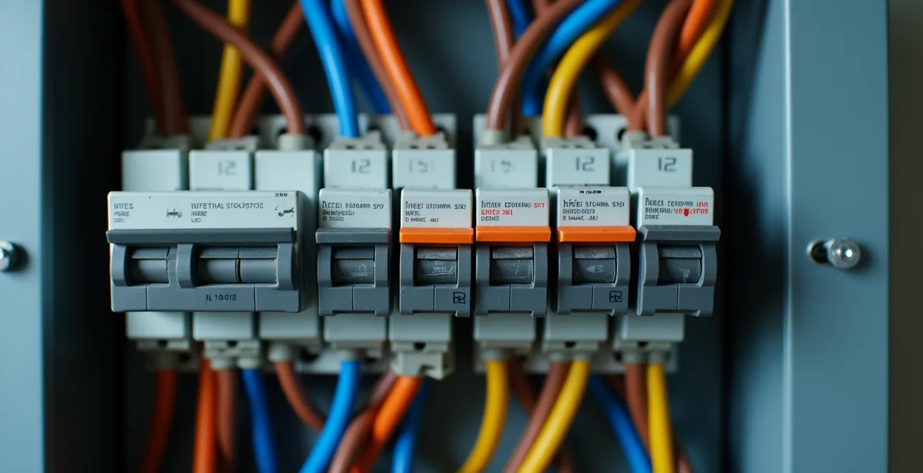 Gros plan sur un tableau électrique parfaitement câblé et organisé conforme aux normes Consuel