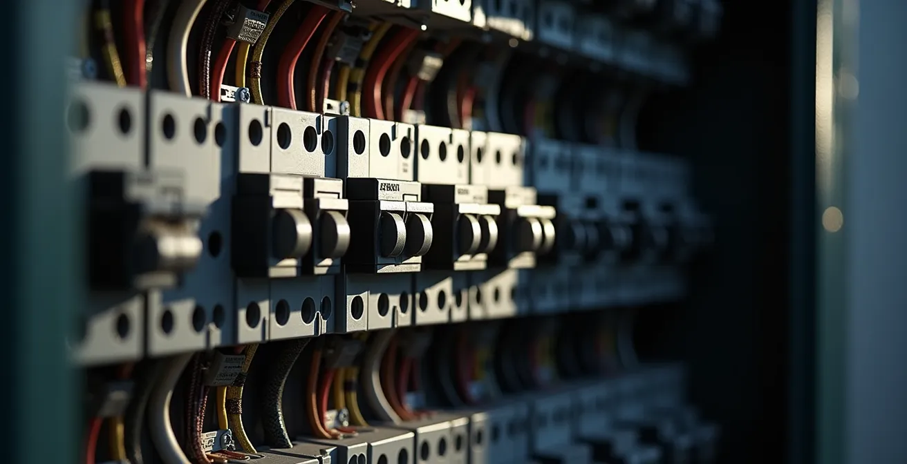 Vue d'ensemble d'un tableau électrique moderne avec contacteurs et disjoncteurs