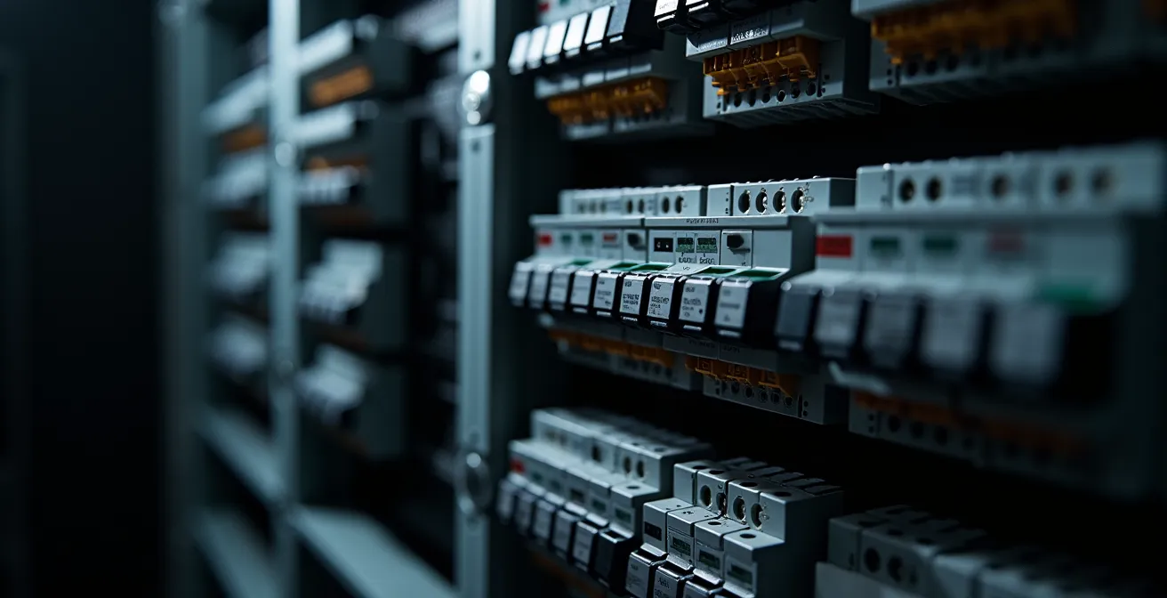 Vue détaillée d'un tableau électrique organisé avec rangée dédiée aux énergies futures et espace de réserve