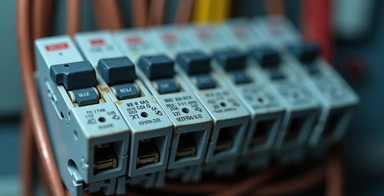 Gros plan macro sur les rangées de disjoncteurs d'un tableau électrique domestique français avec différents calibres