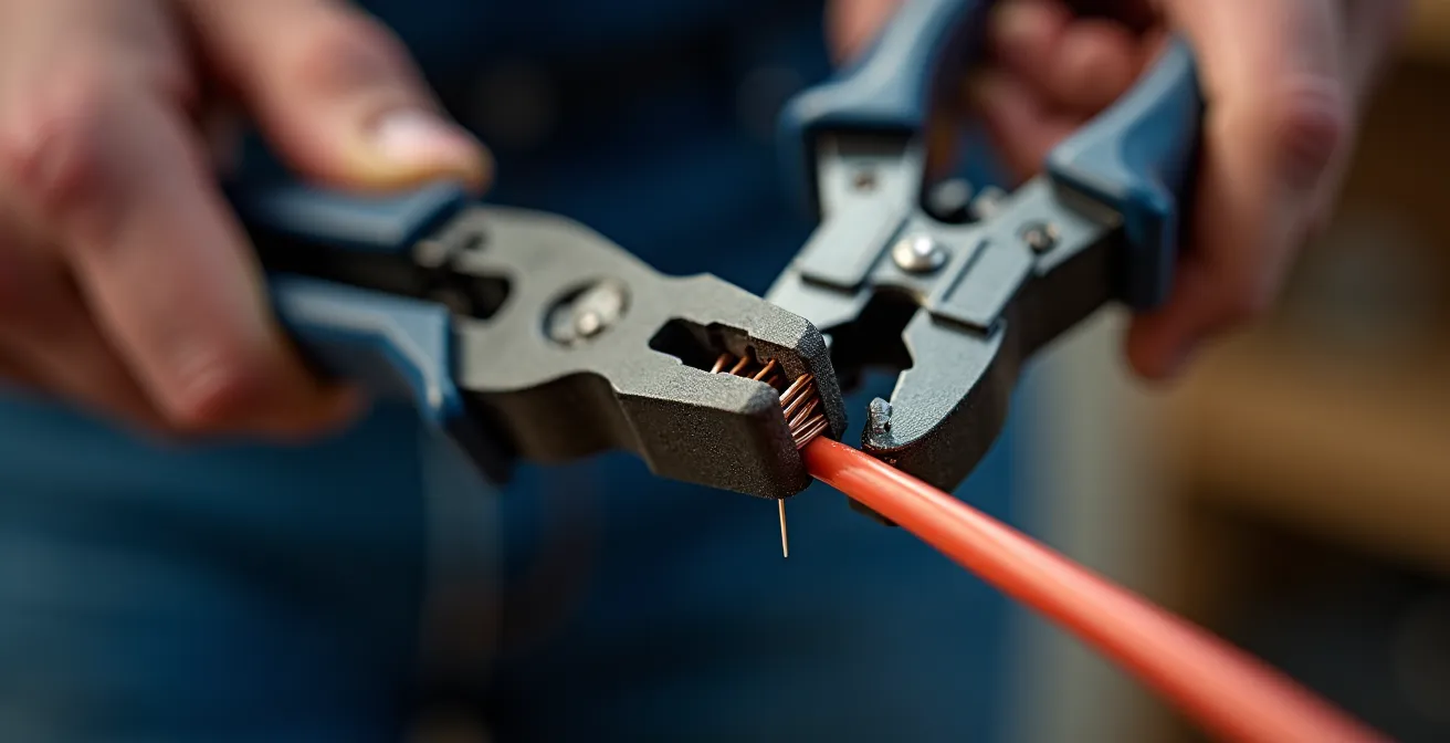 Gros plan sur les mains d'un électricien utilisant une pince à dénuder professionnelle sur un câble électrique