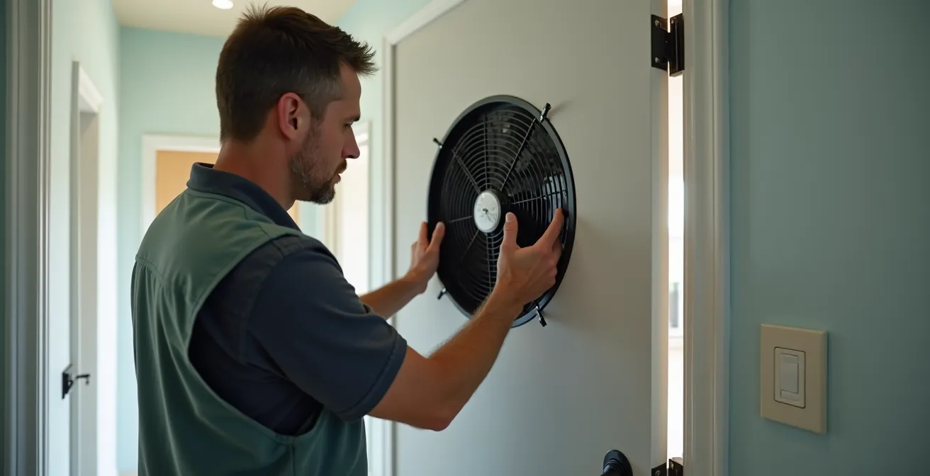 Test d'infiltrométrie montrant une porte soufflante installée dans l'encadrement d'une porte d'entrée