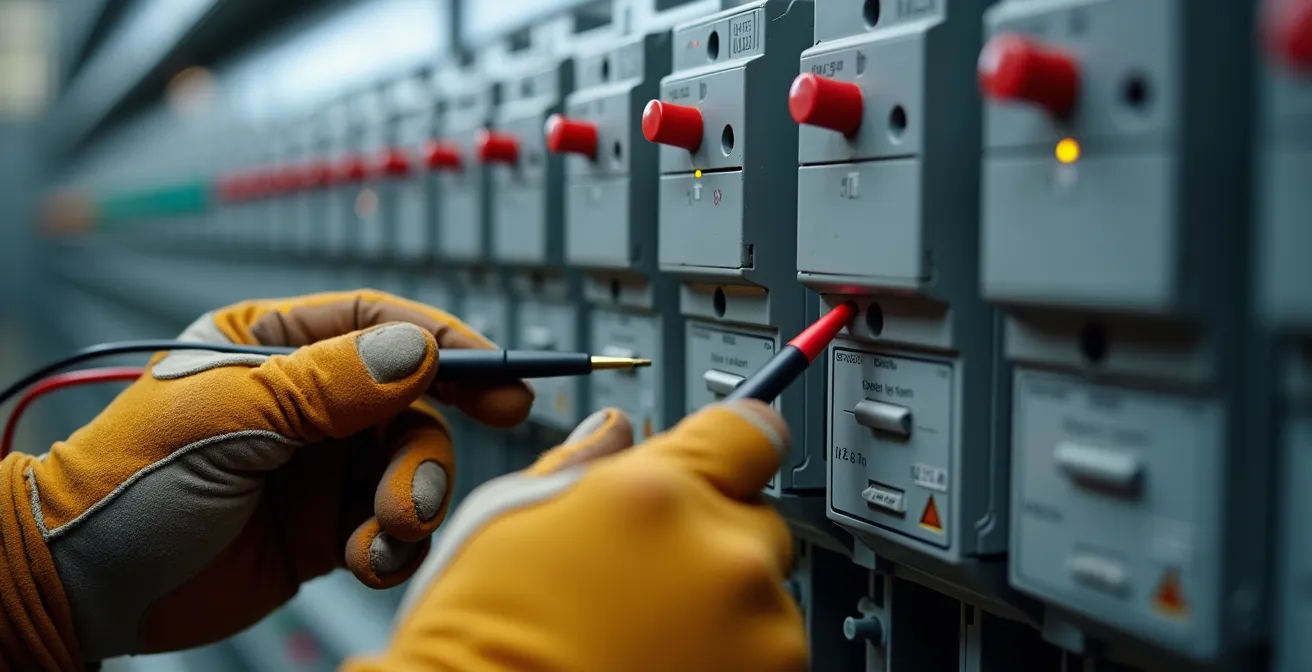Gros plan sur les mains d'un électricien utilisant un multimètre pour tester l'isolement sur un tableau électrique français moderne