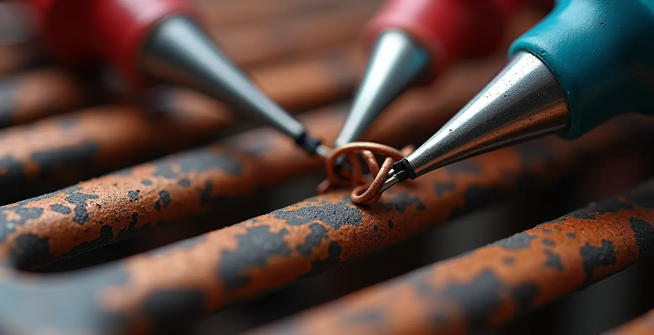 Vue macro d'une sonde de multimètre testant les bornes d'une résistance de radiateur électrique