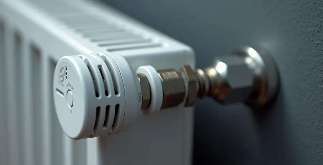 Gros plan sur une tête thermostatique connectée installée sur un radiateur à eau chaude