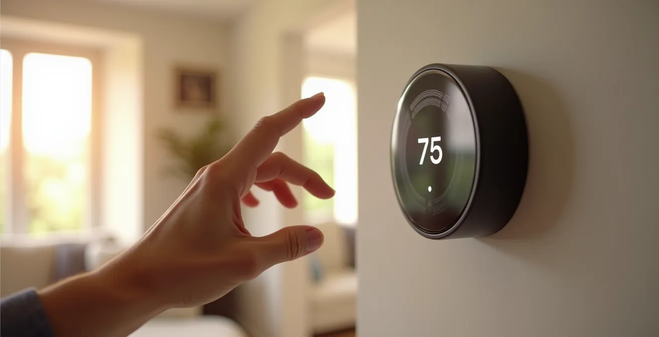 Thermostat connecté moderne fixé sur un mur avec interface élégante