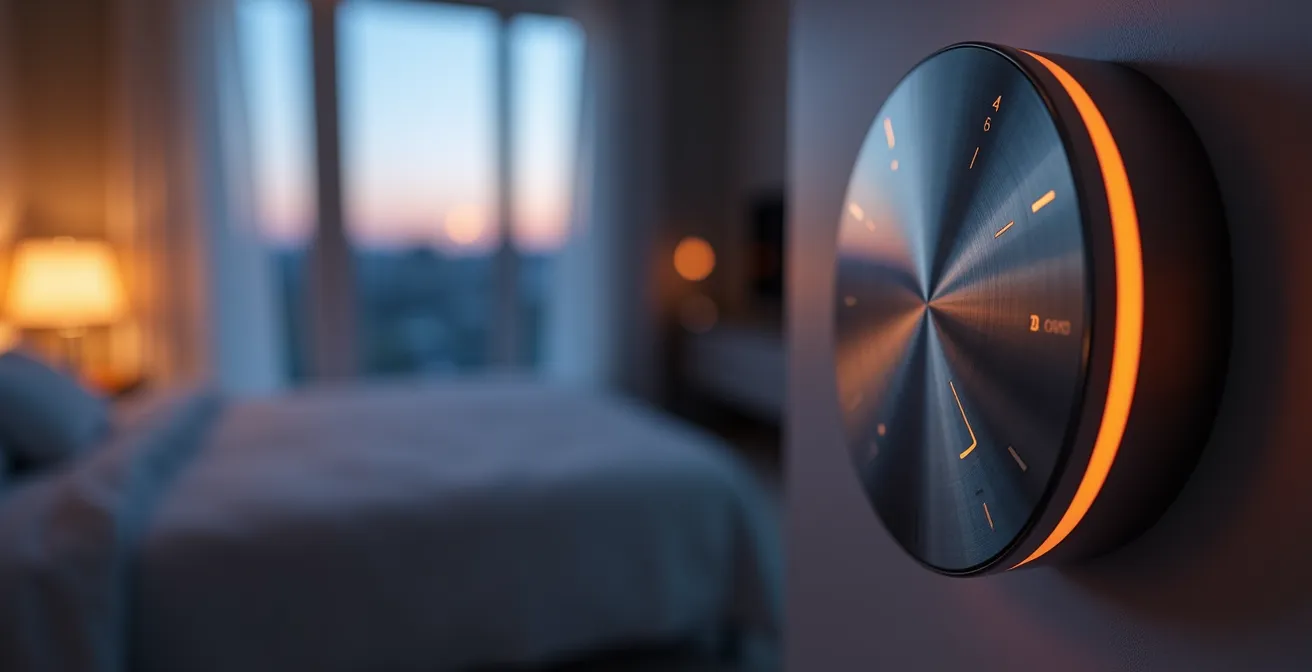 Chambre à coucher moderne avec système de chauffage intelligent visible et ambiance nocturne apaisante