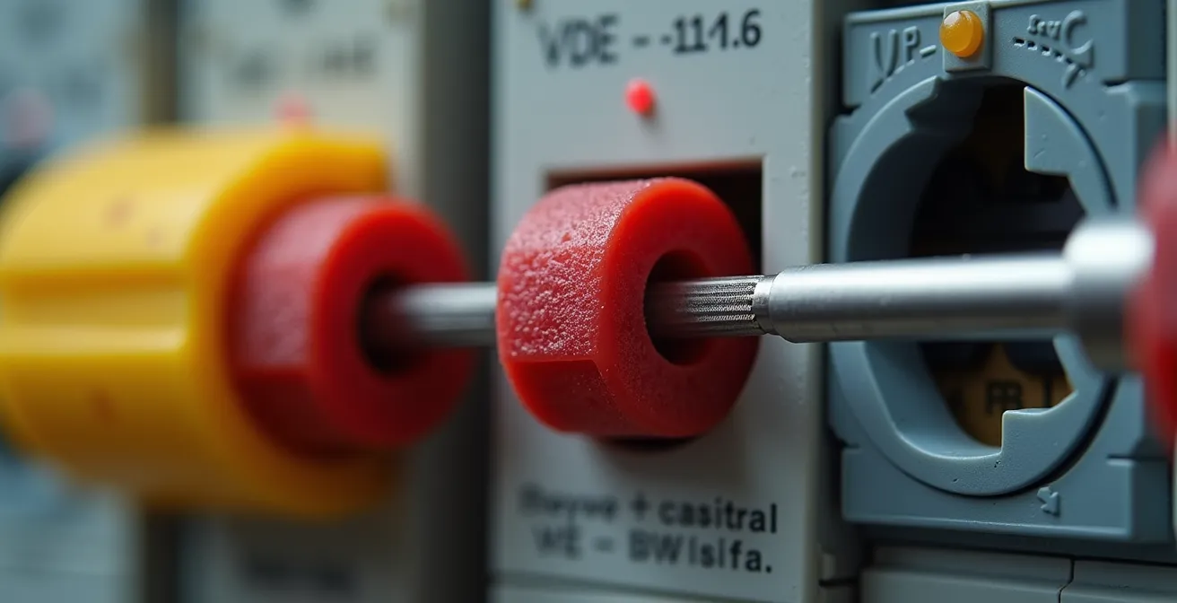 Comparaison visuelle entre un tournevis VDE classique et un tournevis slim accédant à un bornier de disjoncteur