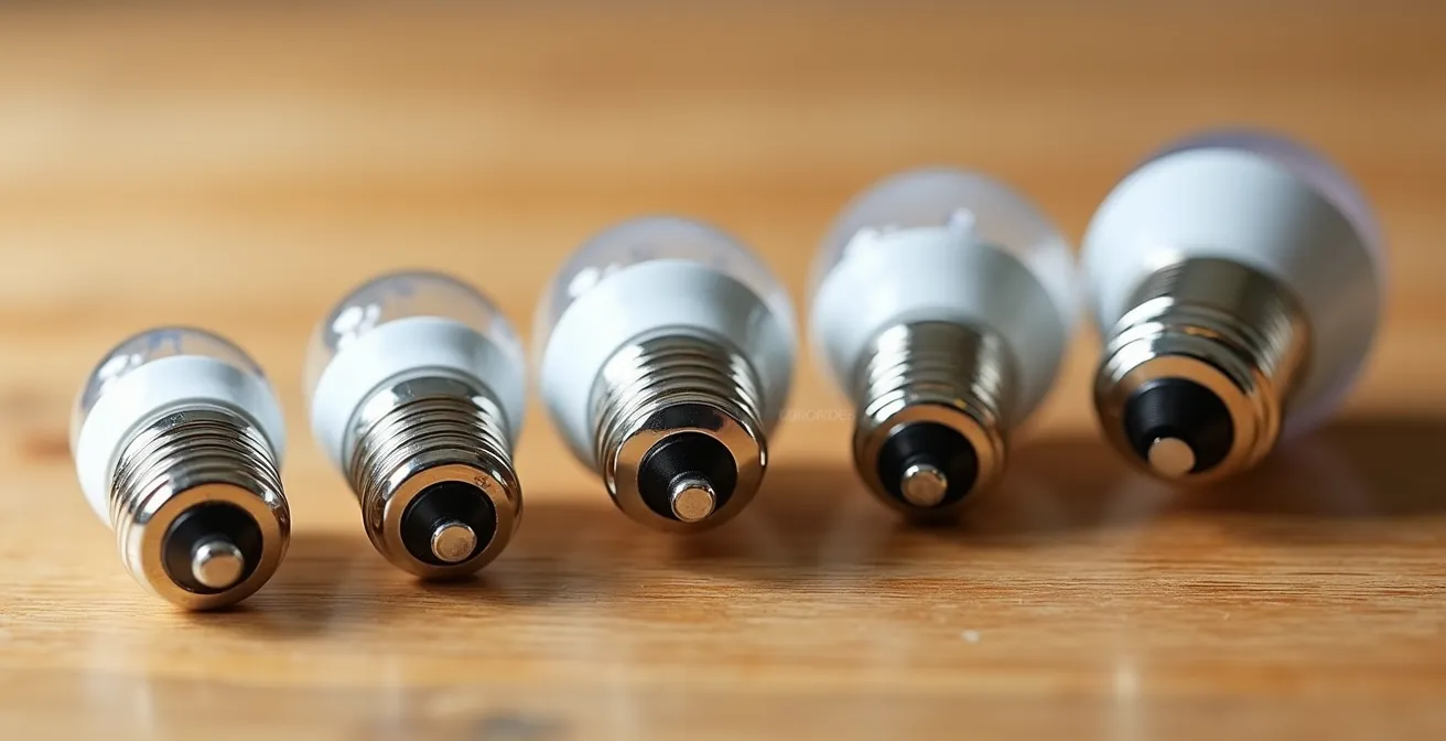 Différents types de culots d'ampoules alignés sur une surface en bois pour comparaison