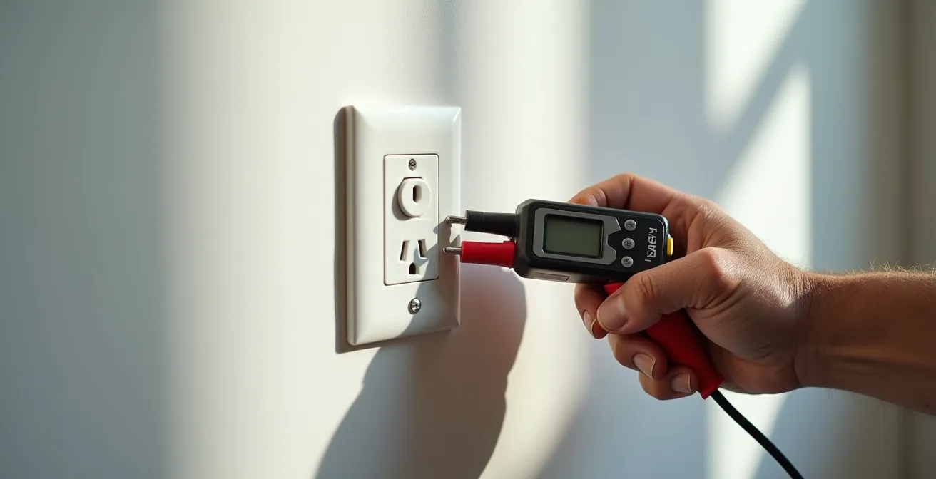 Main d'électricien tenant un testeur VAT bipolaire rouge et noir en train de vérifier une prise murale