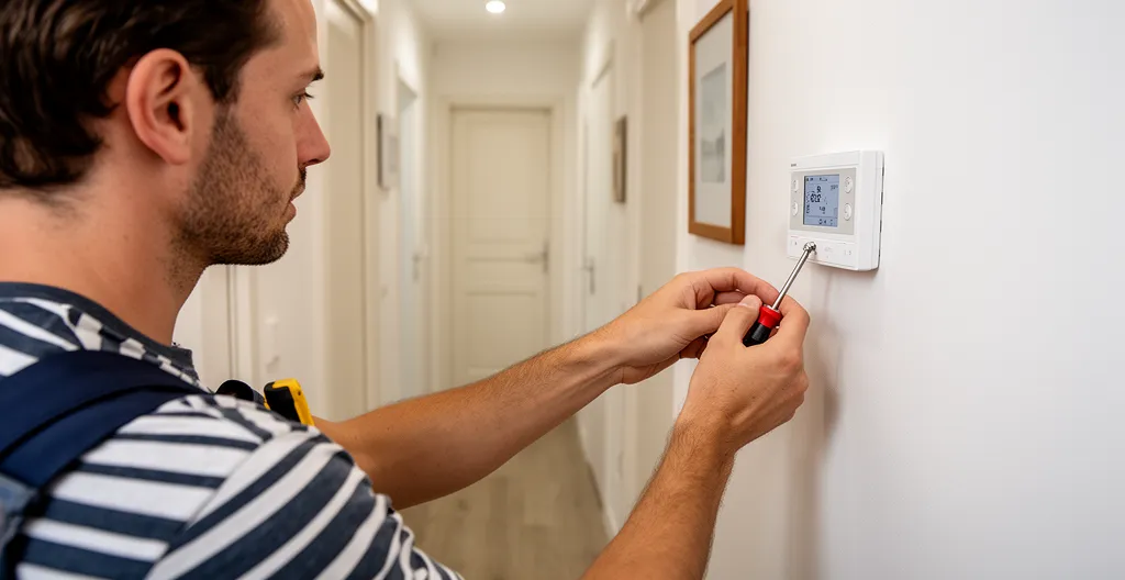 Électricien installant un thermostat connecté sur un mur dans une maison d'Étampes