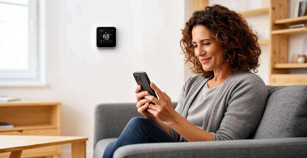 Propriétaire consultant thermostat connecté dans salon moderne à Étampes