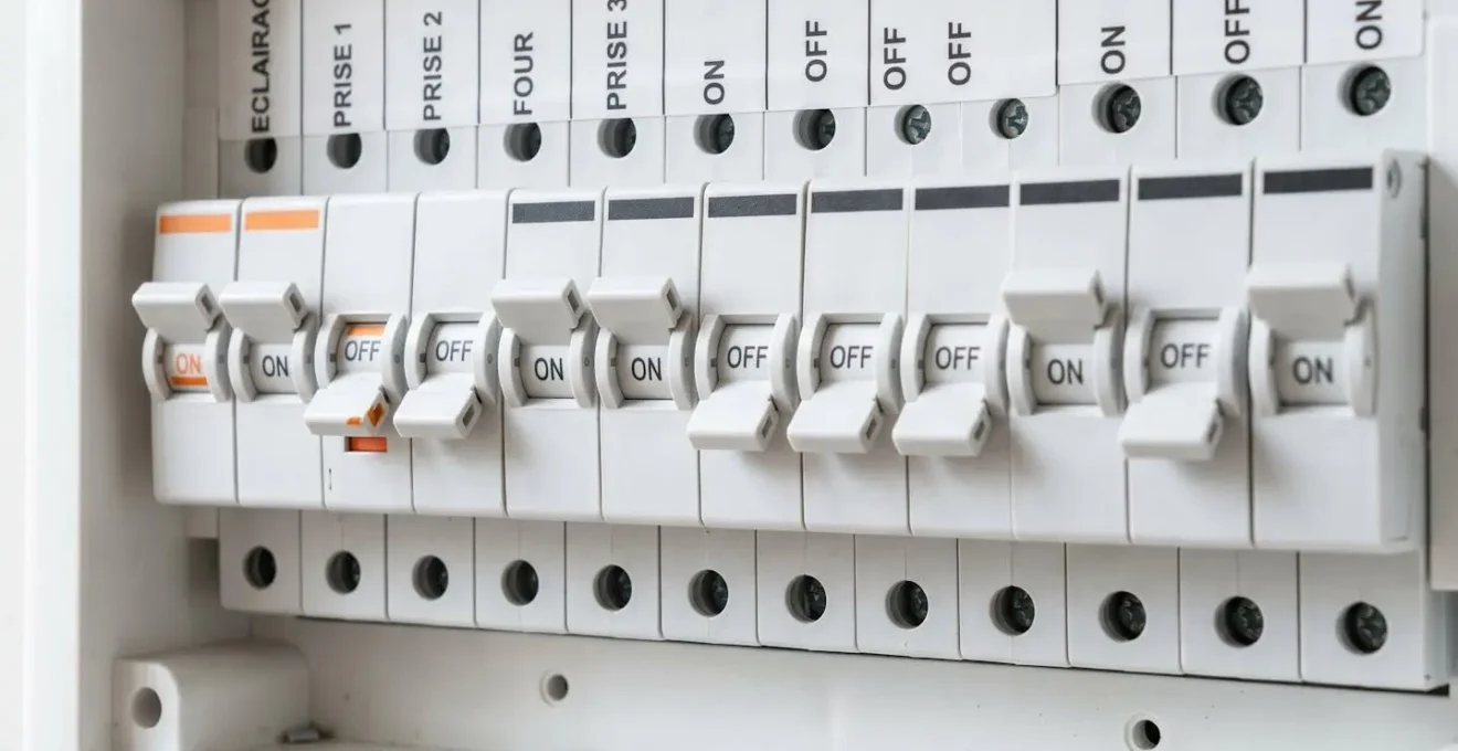 Vue rapprochée d'une rangée de disjoncteurs différentiels blancs dans un tableau électrique récent, certains en position haute d'autres en position basse