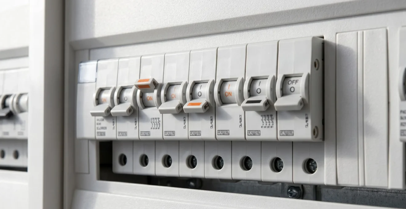 Vue rapprochée d'une rangée de disjoncteurs différentiels blancs dans un tableau électrique récent, certains en position haute d'autres en position basse