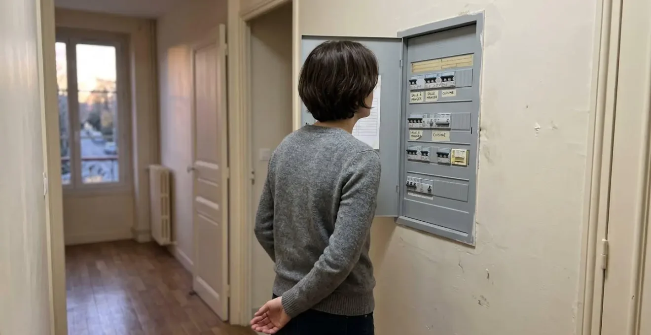 Vue de dos d'une personne examinant un tableau électrique moderne dans un couloir résidentiel sans le toucher, éclairage naturel du soir
