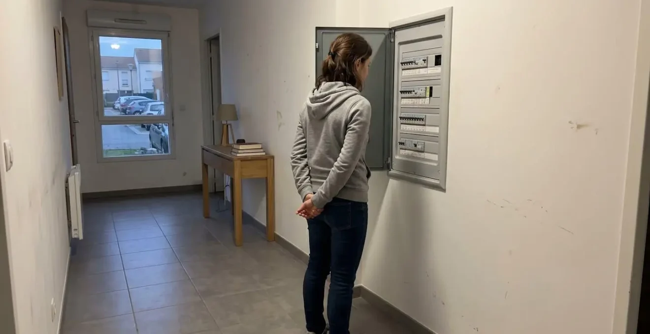 Vue de dos d'une personne examinant un tableau électrique moderne dans un couloir résidentiel sans le toucher, éclairage naturel du soir