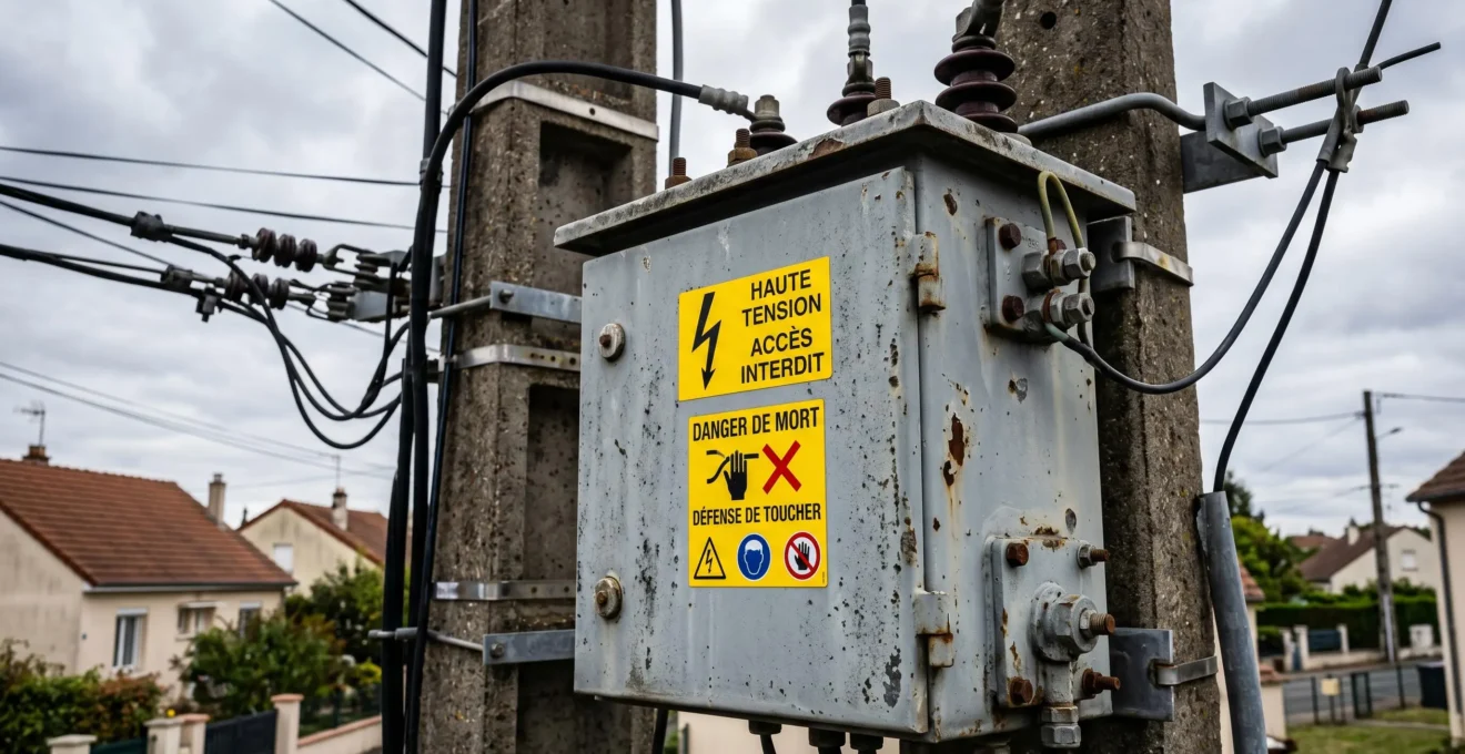 Gros plan sur un transformateur électrique de quartier gris métallisé fixé à un poteau avec câbles haute tension, ciel nuageux en arrière-plan