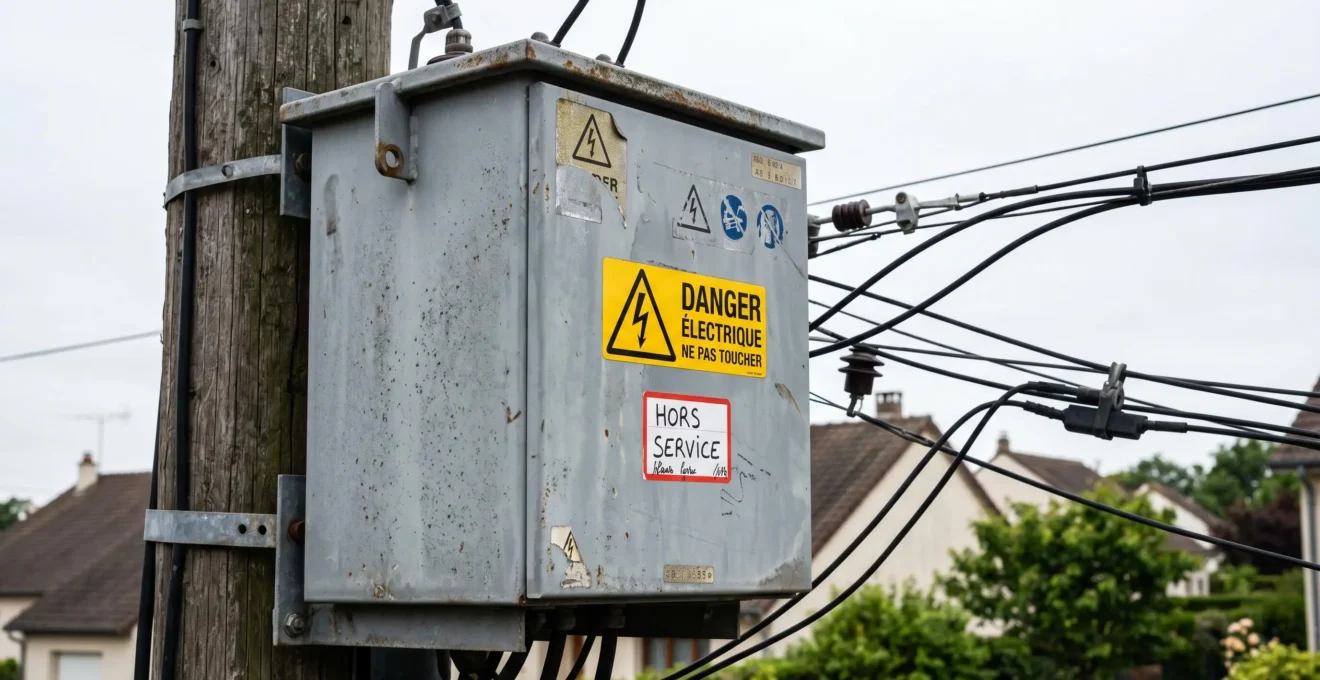 Gros plan sur un transformateur électrique de quartier gris métallisé fixé à un poteau avec câbles haute tension, ciel nuageux en arrière-plan